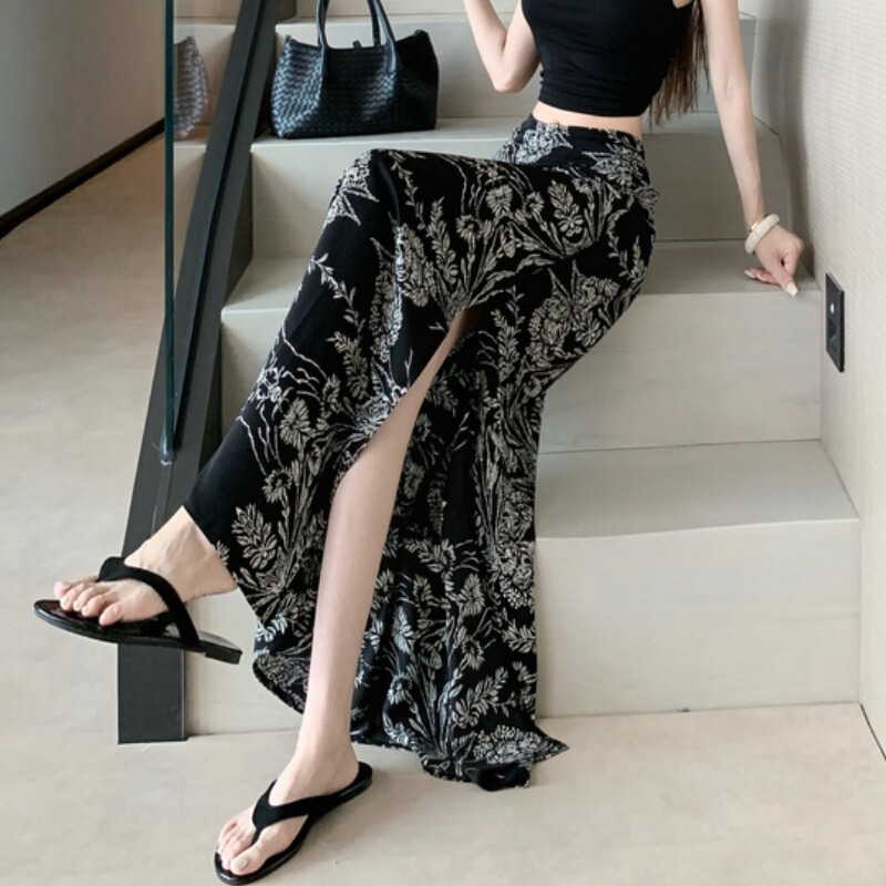 Ink Print Slit Skirt for Women, Summer Hip-Covering Slimming A-Line Long Skirt, Retro Floral Fishtail Bodycon Skirt