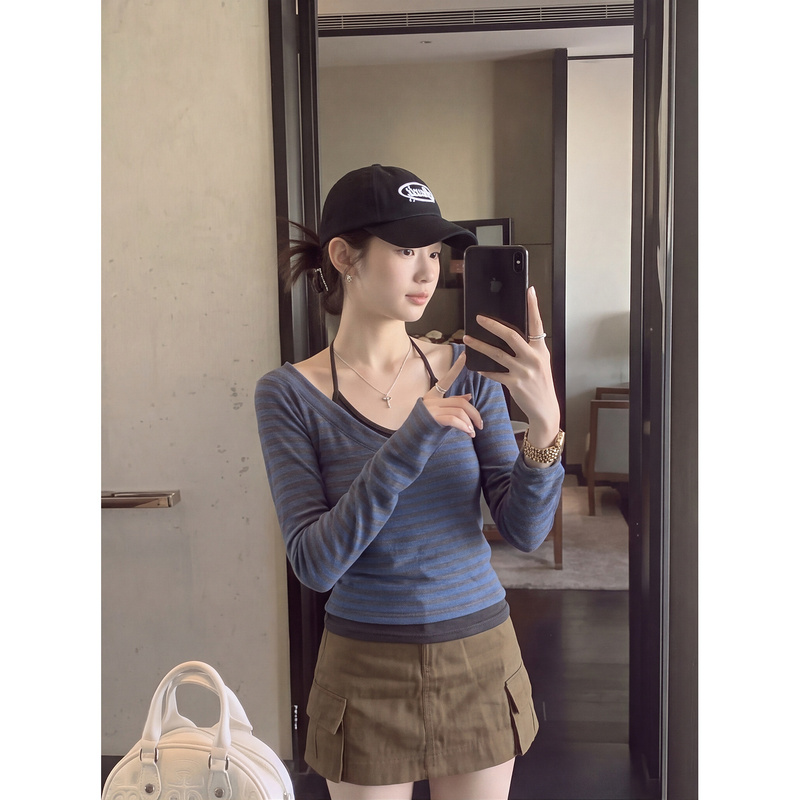 Striped Round Neck Slim-Fit Long-Sleeve T-Shirt for Women, Autumn Style, Faux Two-Piece Splicing, Slimming, Versatile, Korean-Style Casual Base Shirt Striped Round Neck Slim-Fit Long-Sleeve T-Shirt for Women, Autumn Style, Faux Two-Piece Splicing, Slimming, Versatile, Korean-Style Casual Base Shirt