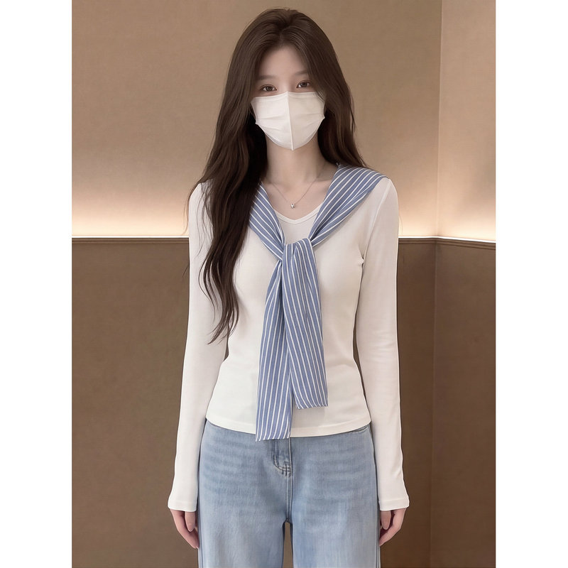 Korean-Style Striped Bow Tie Round Neck Long-Sleeve T-Shirt for Women, Autumn Simple Casual Design Versatile Base Shirt Top