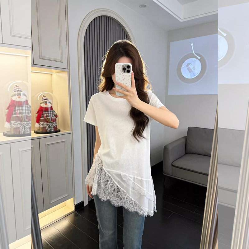 Irregular Hem Lace T-Shirt for Women, Summer High-End Lace Patchwork Top, Short-Sleeved Regular Shoulder Base Shirt