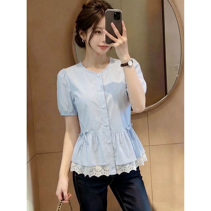 Blue Lace Embroidered Hem Shirt for Women, Summer Ruffle Patchwork Top with Drawstring Waist and Puff Short Sleeves