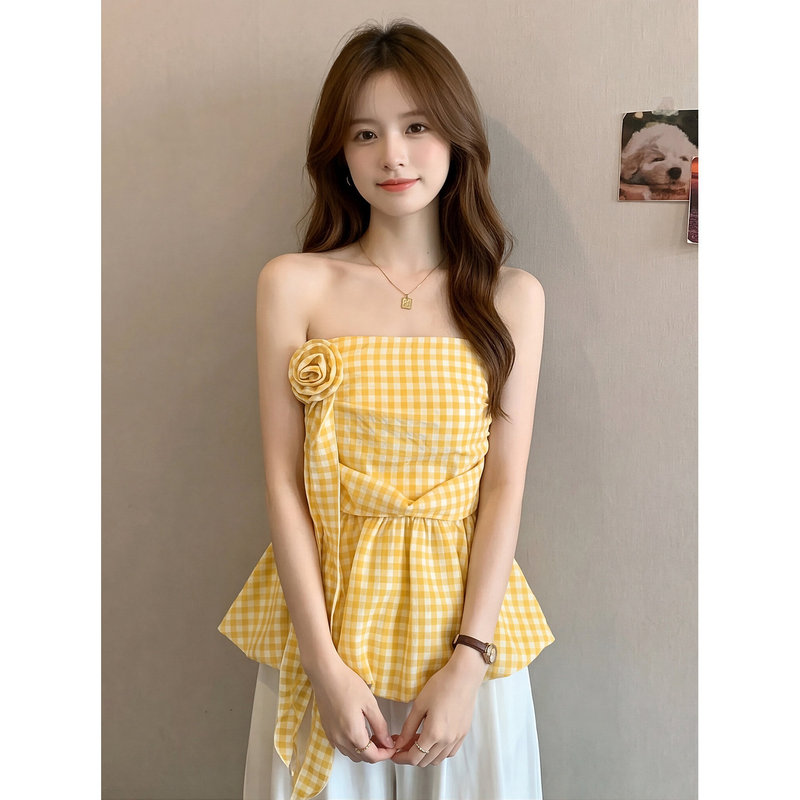Fresh Yellow Plaid Tube Top for Women, Summer Style with 3D Rose Embellishment, Waist-Cinching Ribbon, Ruffled Hem, Sweet Girl Style Strapless Top
