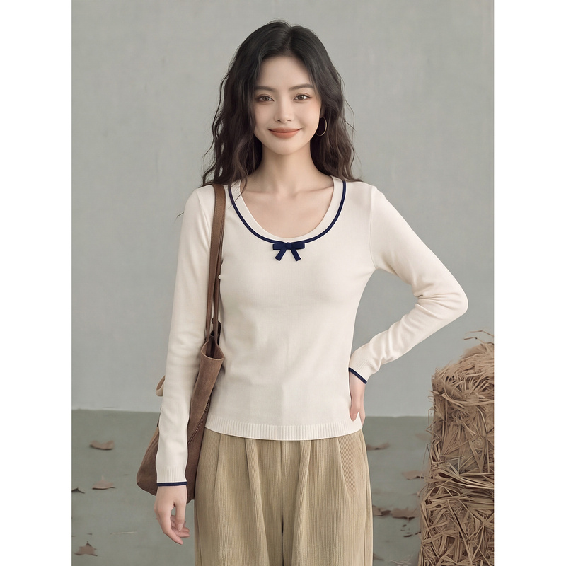Small Bow Tie Color-Block Round Neck Long-Sleeve T-Shirt for Women, Autumn Korean Style Slim Fit Simple Design Casual Versatile Top Small Bow Tie Color-Block Round Neck Long-Sleeve T-Shirt for Women, Autumn Korean Style Slim Fit Simple Design Casual Versatile Top