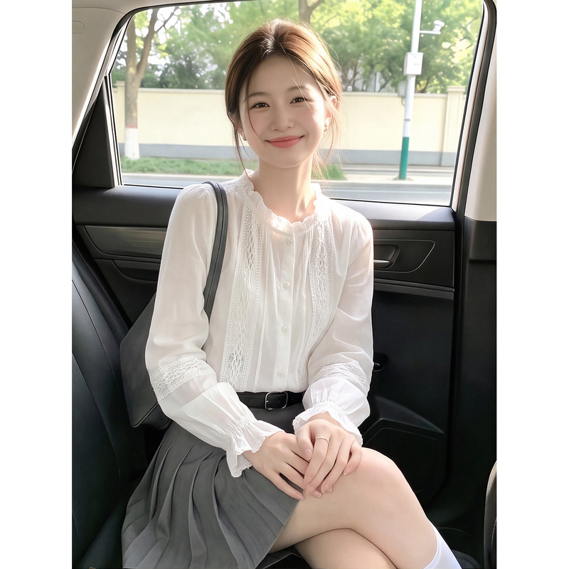 White Ruffled Stand-Up Collar Shirt for Women, Autumn Long-Sleeve Loose Korean-Style Lace Patchwork Sweet Casual Versatile Top