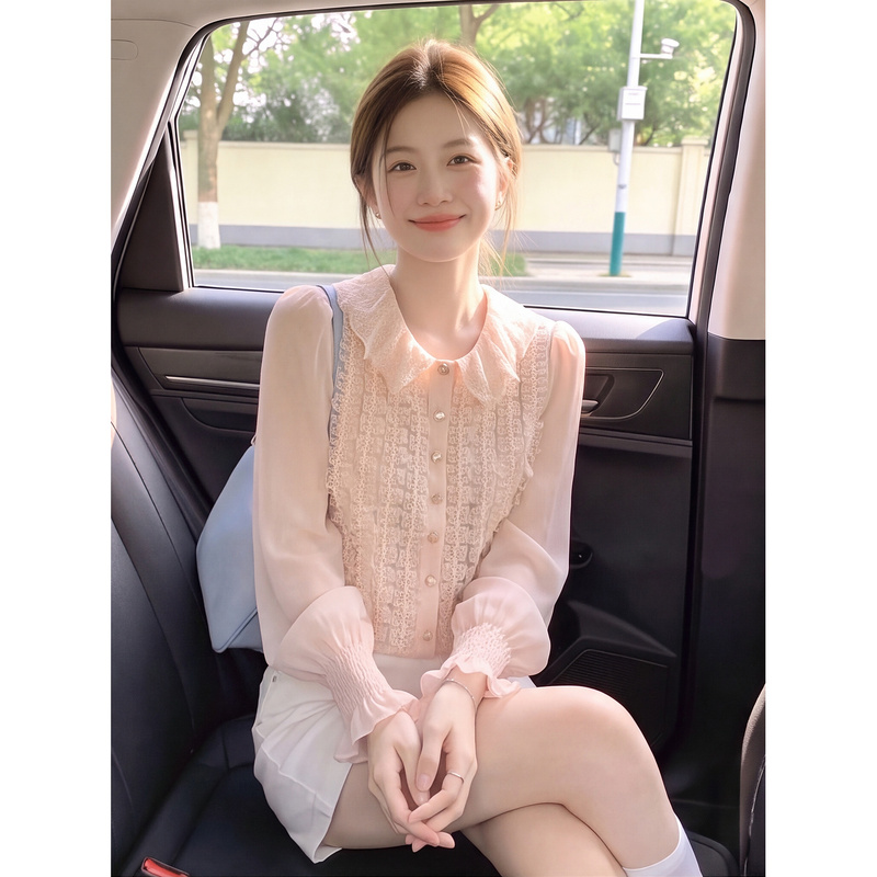 Pink Doll Collar Lace Patchwork Long-Sleeve Shirt for Women, Autumn Korean Style Sweet Versatile Design Top Pink Doll Collar Lace Patchwork Long-Sleeve Shirt for Women, Autumn Korean Style Sweet Versatile Design Top