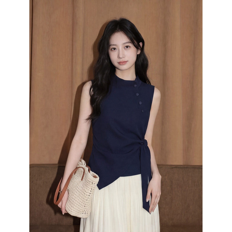 Navy Blue Stand-Up Collar Diagonal Button Sleeveless Vest Shirt for Women, Summer Twist Tie Commuter Style, Slimming Short Top Navy Blue Stand-Up Collar Diagonal Button Sleeveless Vest Shirt for Women, Summer Twist Tie Commuter Style, Slimming Short Top