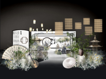 7 sets of Gangfeng wedding new Chinese champagne Jiangnan style retro hand-painted renderings design psd file layering