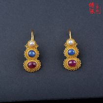 Imitation Ming Dynasty vintage earrings Ancient court Hanfu Gourd shape pearl temperament 925 sterling Silver gold plated drop earrings