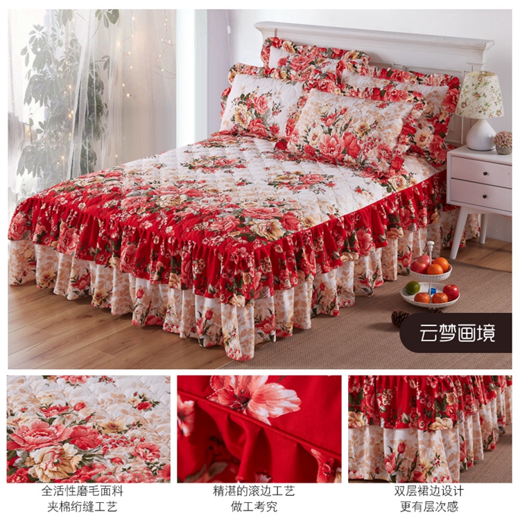 Chăn bông chống trượt váy ngủ trải giường cộng với váy cotton loại ga trải giường 笠 mùa thu và mùa đông ấm áp của Hàn Quốc của ren ba mảnh ga giường có viền