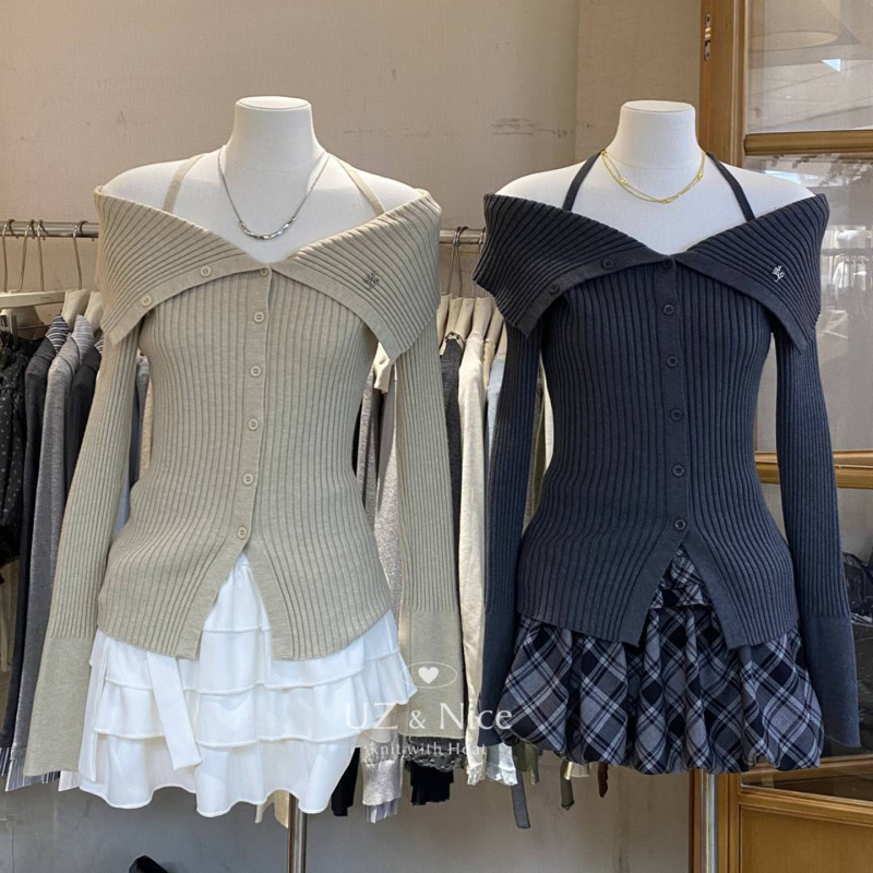 Sexy Off-Shoulder Halter Knit Cardigan for Women, Autumn Slim-Fit Design Sweater Top 103831