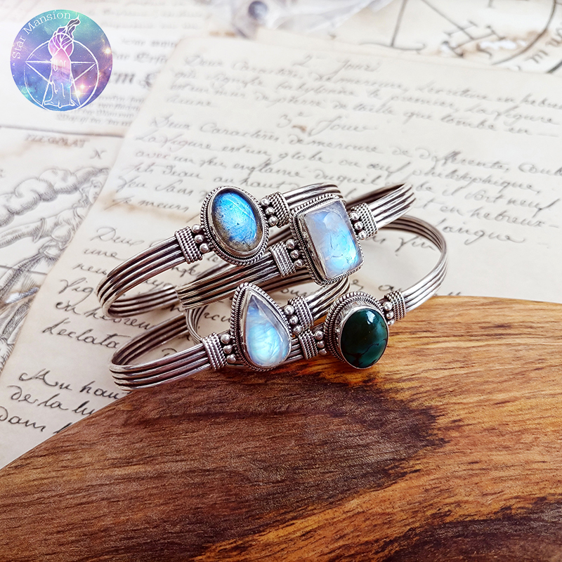 Nepalese Natural Gemstone Bracelet 925 Sterling Silver Simple Bracelet Retro Cabochon Moonstone Ruby Turquoise Nepalese Natural Gemstone Bracelet 925 Sterling Silver Simple Bracelet Retro Cabochon Moonstone Ruby Turquoise