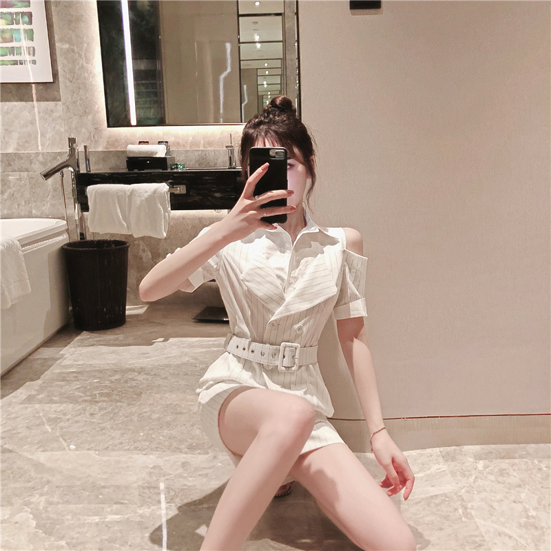 VK旗艦店 韓系拼接露肩條紋短褲套裝短袖褲裝