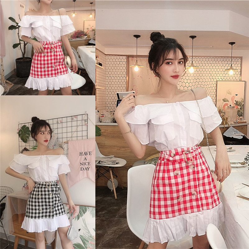 VK旗艦店 韓系一字領荷葉邊雙排扣套裝短袖裙裝