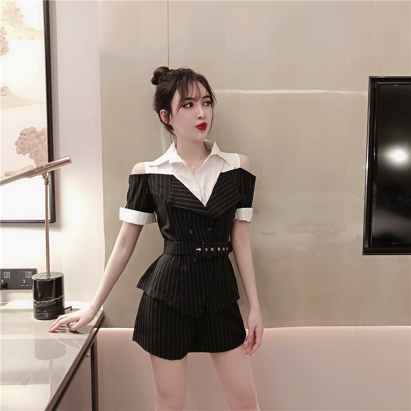 VK旗艦店 韓系拼接露肩條紋短褲套裝短袖褲裝
