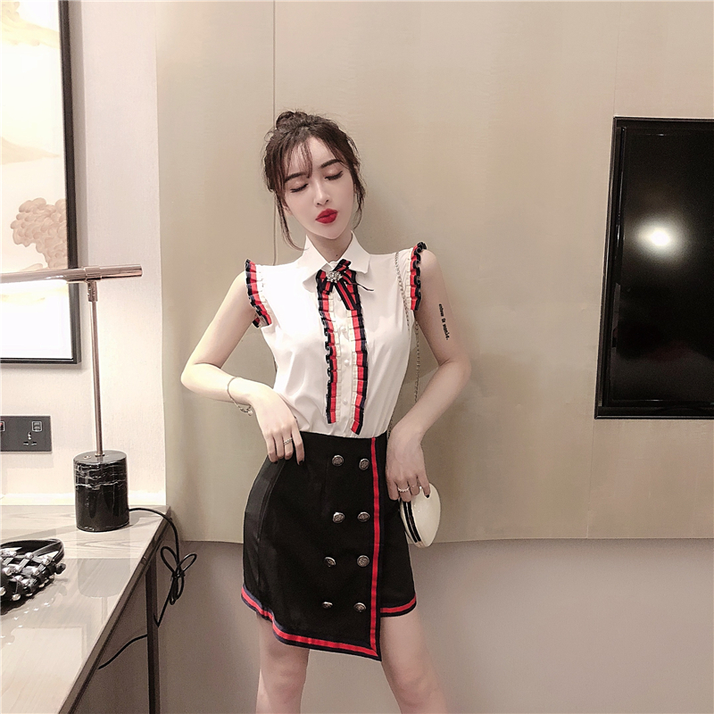 VK旗艦店 韓系名媛木耳邊蝴蝶結撞色套裝無袖裙裝