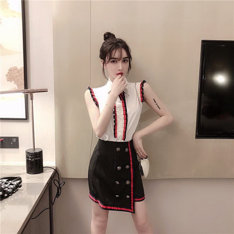 VK旗艦店 韓系名媛木耳邊蝴蝶結撞色套裝無袖裙裝