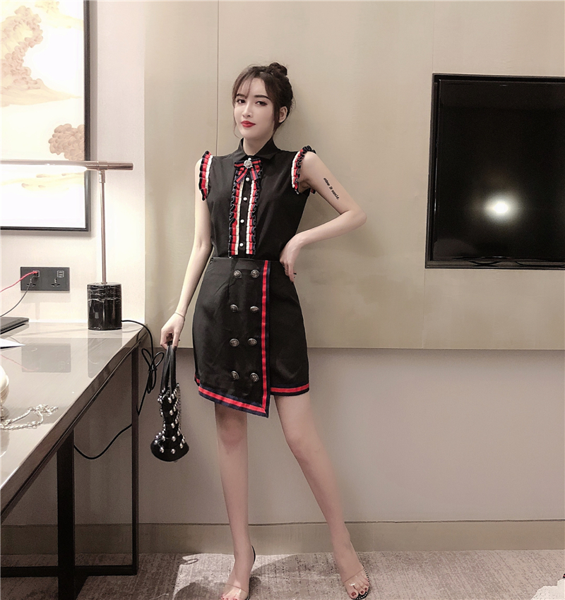 VK旗艦店 韓系名媛木耳邊蝴蝶結撞色套裝無袖裙裝