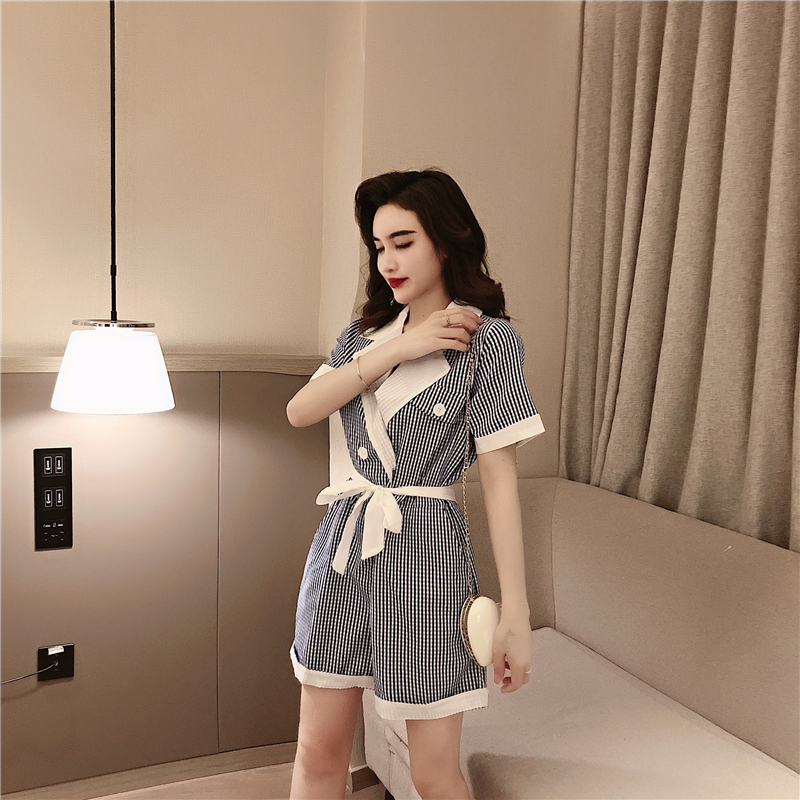 VK旗艦店 韓系西裝領撞色格紋寬口單品連身褲