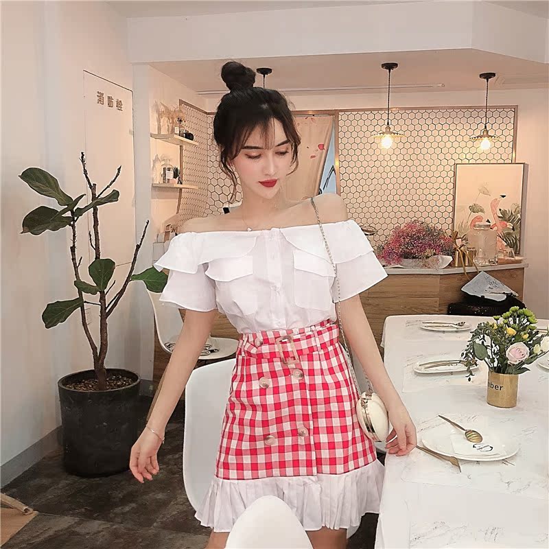 VK旗艦店 韓系一字領荷葉邊雙排扣套裝短袖裙裝