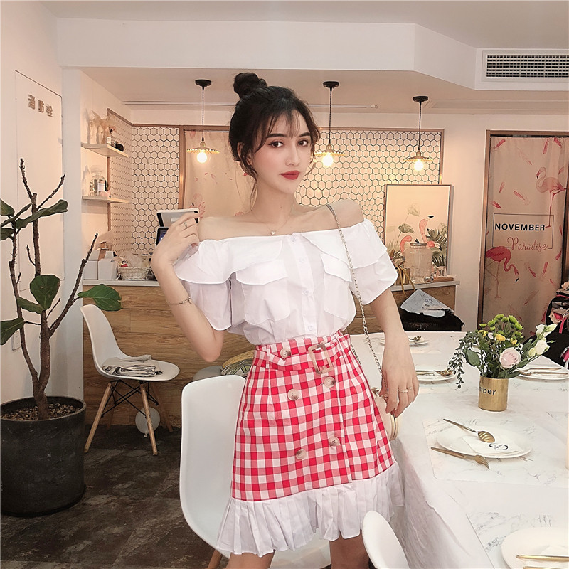 VK旗艦店 韓系一字領荷葉邊雙排扣套裝短袖裙裝