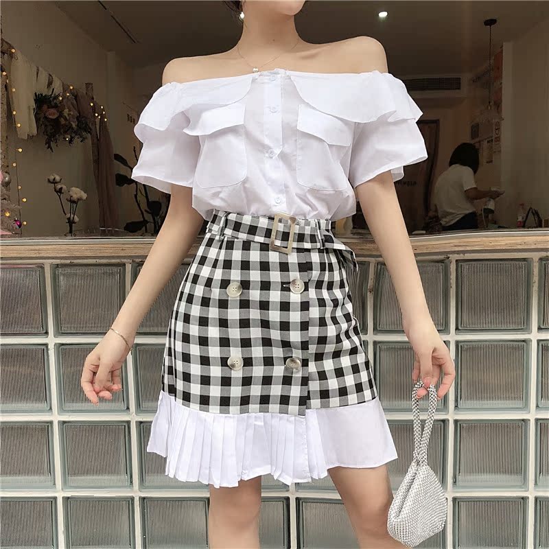 VK旗艦店 韓系一字領荷葉邊雙排扣套裝短袖裙裝