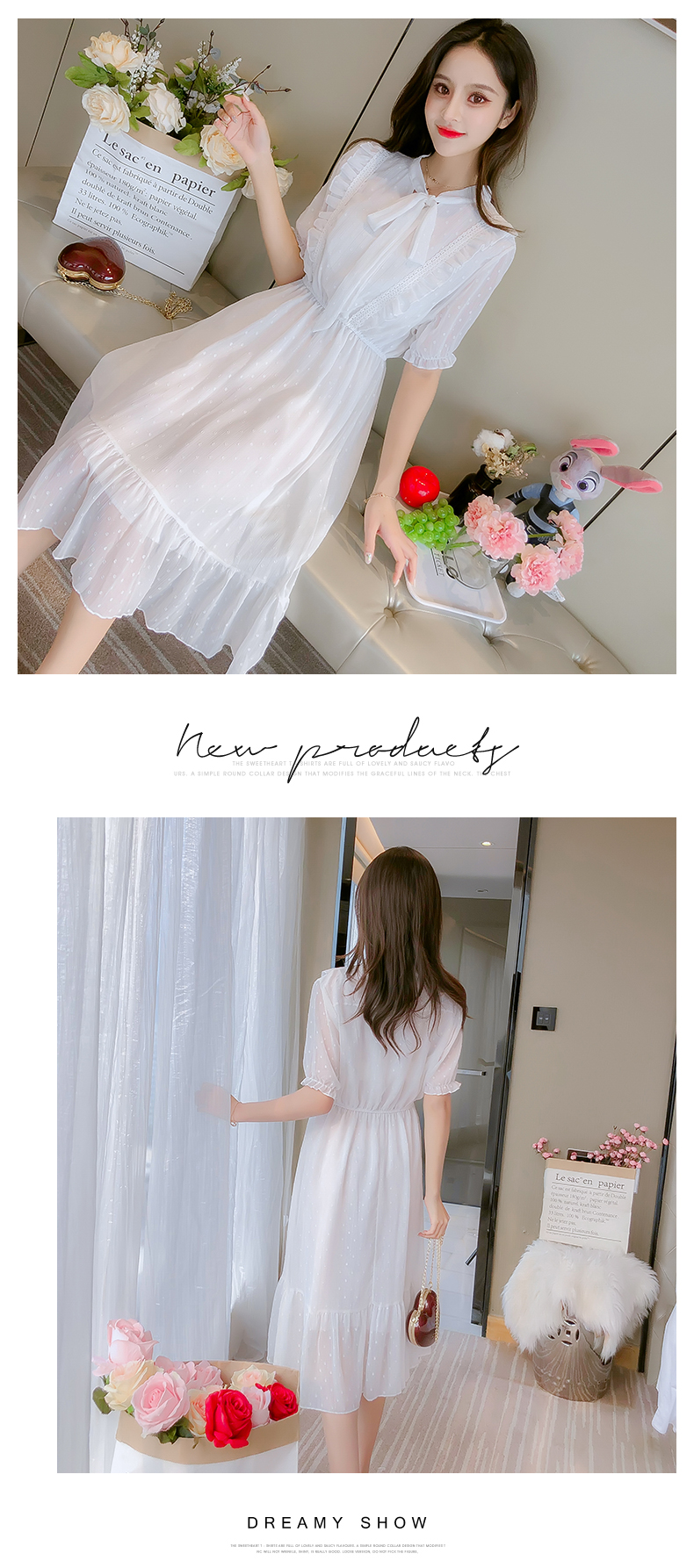 VK旗艦店 韓系小清新荷葉邊蝴蝶結短袖洋裝