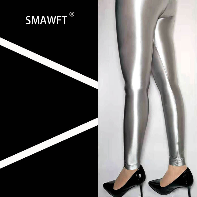 SMAWFT New High Waist Thin Silver Spandex Glossy Bodybuilding Pants Women's Imported Fabric Glossy Cropped Leggings