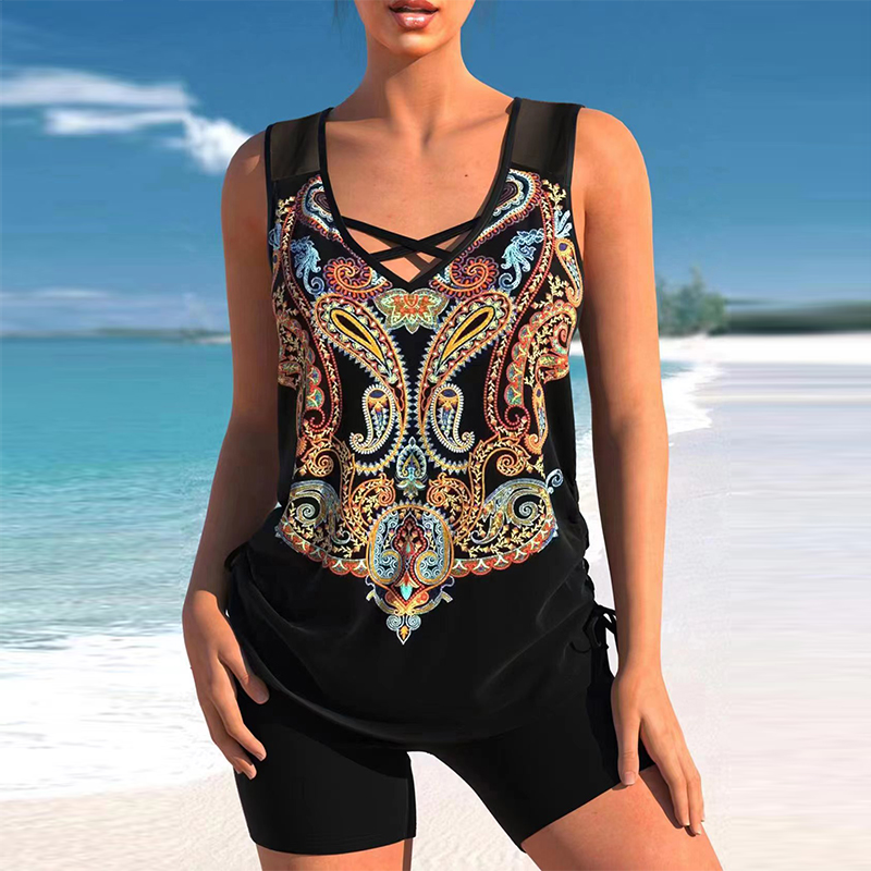 ヨーロッパのスタンディングボードスプリット水着女性の保守的な腹カバースリミングボクサー大きいサイズ太った女性タンキニ外国貿易国境を越えた