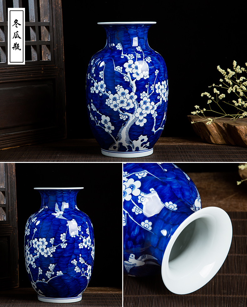 Jingdezhen ceramics antique blue and white porcelain vases, flower arranging name plum flower Chinese style living room TV wine decorations furnishing articles