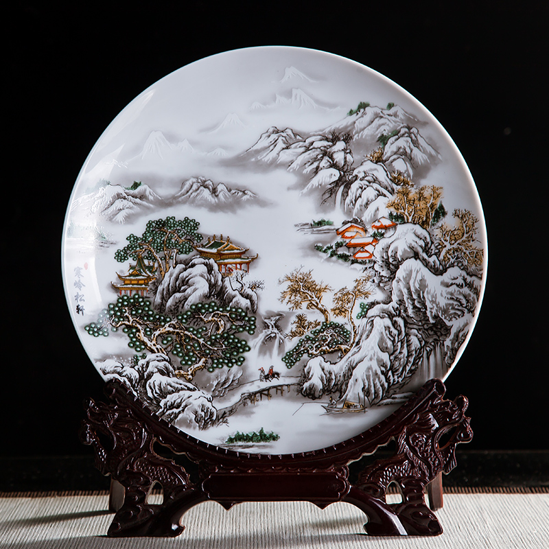 Jingdezhen ceramics glaze pastel landscape painting decorative plate hanging dish sit plate on ornamental panel study furnishing articles of handicraft