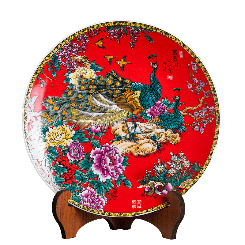 Jingdezhen ceramics Chinese red prosperous figure decoration hanging dish sit home wine rich ancient frame handicraft furnishing articles