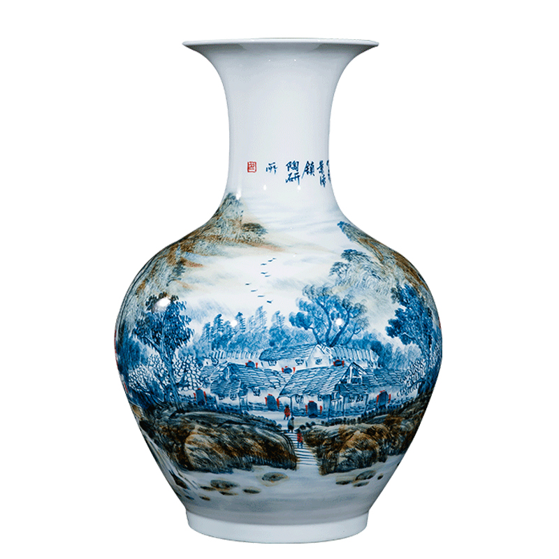 Jingdezhen ceramics celebrity hand - made the master of landscape painting large sitting room ground vase household office furnishing articles