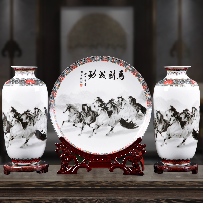 Ceramic furnishings set of three pieces Jingdezhen vase home decoration living room flower arrangement modern simple office decoration
