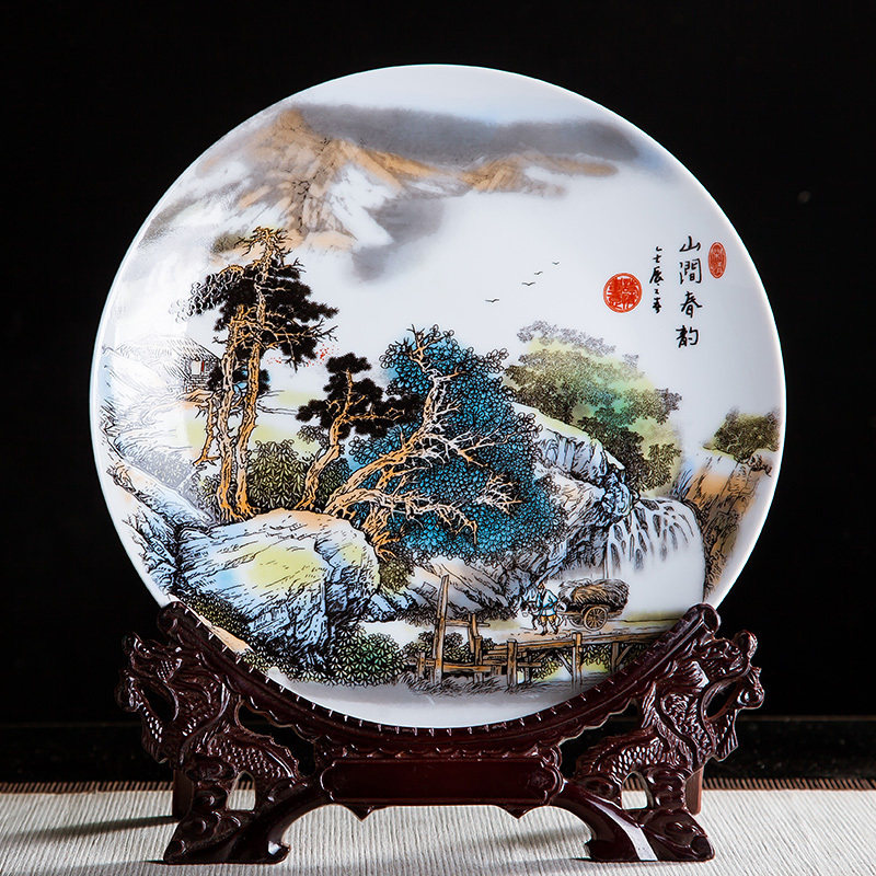 Jingdezhen porcelain ten-inch mountain stream spring rhyme decoration hanging plate sitting plate Home antique frame Office craft decoration