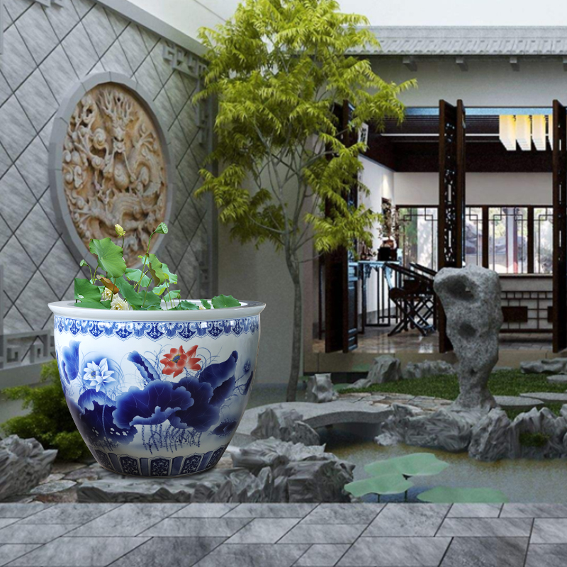 Blue and white porcelain of jingdezhen ceramics birdbath oversized 1 meter large vats porcelain jar aquarium bowl aquarium water turtle box