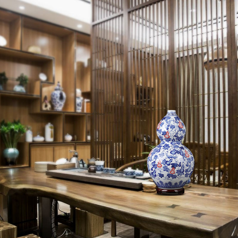 Blue and white porcelain of jingdezhen ceramics antique hand - made youligong gourd vases sitting room furnishing articles furnishing articles indoor feng shui