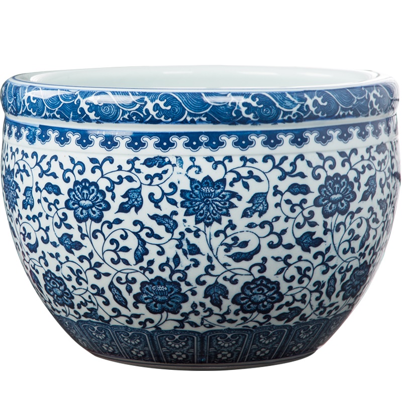Jingdezhen ceramic aquarium goldfish large blue and white turtle slept GangPen bowl lotus refers to basin of lotus cylinder betelnut POTS