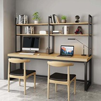 Loft Solid wood desk bookshelf combination bedroom Wrought iron double computer table and chair Household one-piece office writing desk