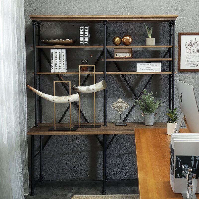 American Loft Comeback Ancient Iron Art Floor Desk Bookcase Bookcase Bookcase Combination Solid Wood Computer Desk Made Old Disposal Show Shelf