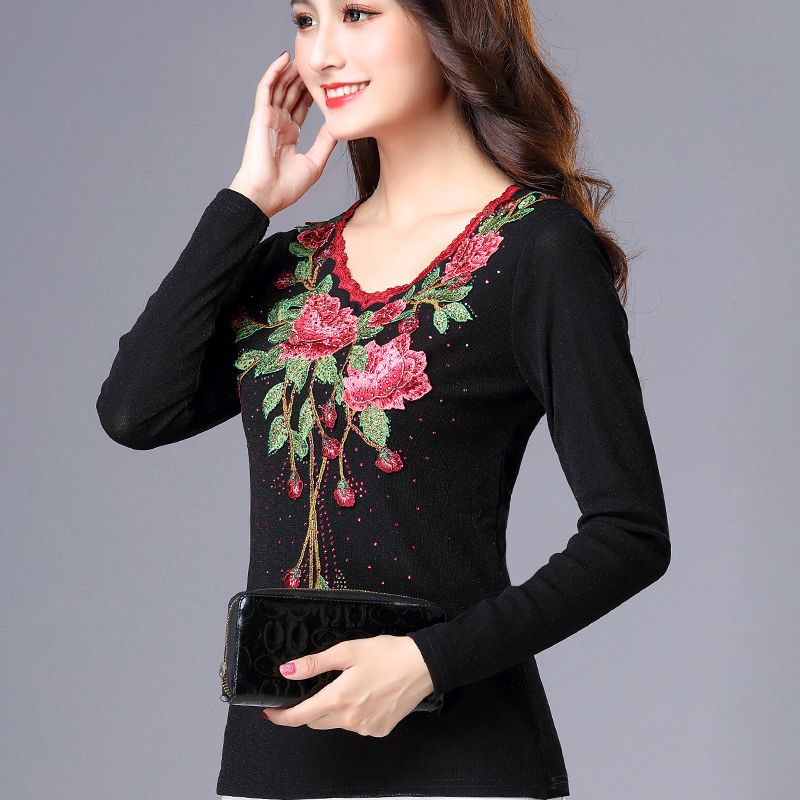 Middle-Aged and Elderly Women's Long-Sleeved T-Shirt 2026 Spring and Summer Ethnic Style Middle-Aged Plus Size Mother's Mesh Lace Embroidered Blouse