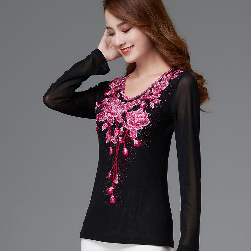 2026 New Style Middle-Aged and Elderly Women's Spring and Summer T-Shirts, Large Size Women's Mesh Embroidered Long-Sleeved Tops for 40-50 Year Olds