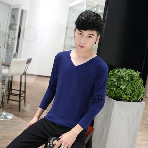 Áo thun nam tay dài mùa thu đông có thân hình nam size lớn màu rắn cổ chữ V đáy quần áo thanh niên quần áo thủy triều mùa thu áo polo nam đẹp
