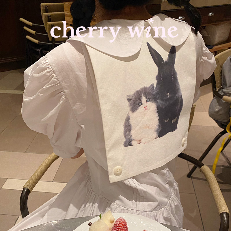 Cherrywine Off-White Cotton Detachable Adjustable Retro Cat and Rabbit Print Suspender Skirt Pleated Skirt for Women
