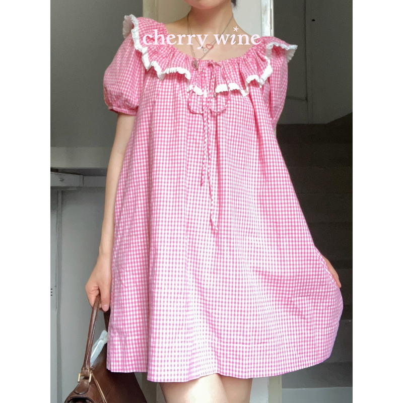Cherrywine Pink Plaid Cotton and Linen Retro Girly Puff Sleeve Lace Lapel Loose Dress Doll Dress
