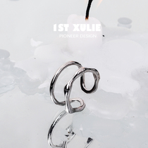 1ST XULIE925 Sterling Silver Ring Niche Design Double Layer Asymmetric Dark Cold Wind Opening Mens and Womens Ring