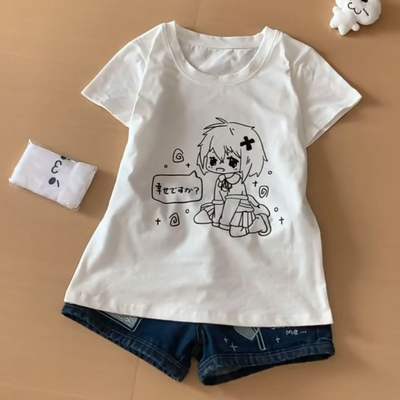 Japanese-style otaku cutie shoulder, elastic and cute, 2D cute subculture short-sleeved T-shirt for girls, cartoon printed half-sleeved girls