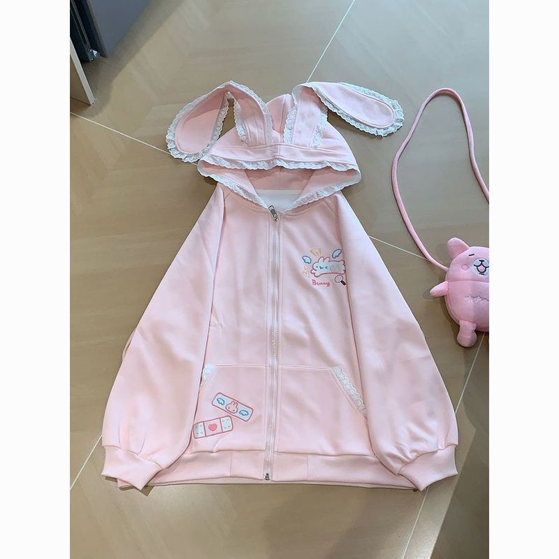 Japanese-Style Cute Bunny Ear Hooded Sweatshirt for Women, Spring and Autumn, Cute Anime Style, Loose Zipper Jacket