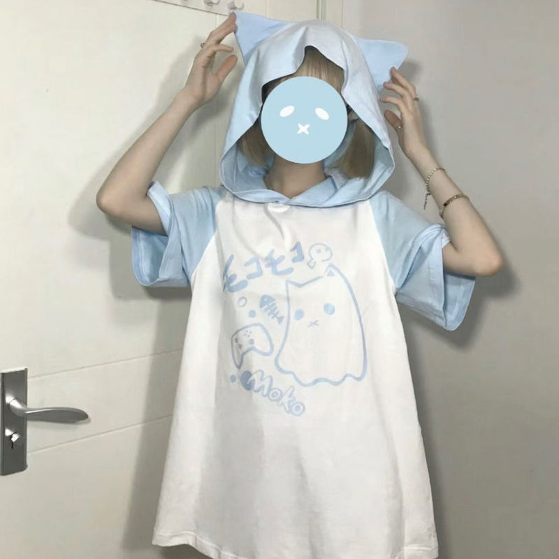 Two-Dimensional Ghost Cat Ear Hooded Short-Sleeve Sweatshirt T-Shirt for Women, Summer Japanese Style Cute Cosplay Top, Subculture