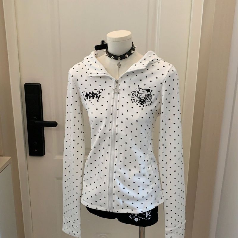 Autumn Style Cute Black and White Star Bunny Ears Hooded Slim Fit Subculture Sweatshirt Jacket Spring Summer Long Sleeve