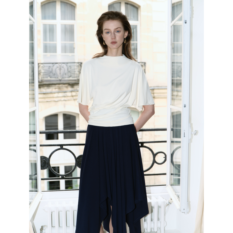Preekend Three-Dimensional Cut Round Neck Waist-Cinching Five-Quarter Sleeve Diagonal Pleated Knit Off-White/Navy Blue Loose Short-Sleeve T-Shirt Preekend Three-Dimensional Cut Round Neck Waist-Cinching Five-Quarter Sleeve Diagonal Pleated Knit Off-White/Navy Blue Loose Short-Sleeve T-Shirt